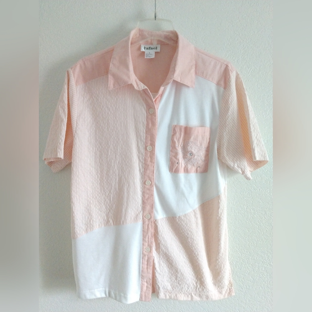 Pretty Rafael Short Sleeve Button Front Casual Shirt Pastel Pink White Large